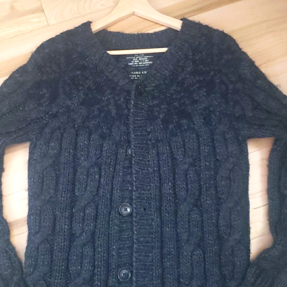 ALLSAINTS Spitalfields Hand Knit Wool Blend Sweater CharcoalGrey Black ButtonDwn - Picture 17 of 17
